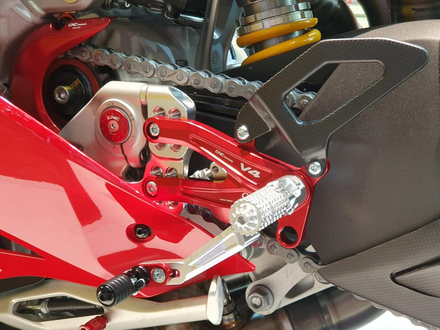 PE408PR - CNC RACING Ducati Panigale V4 (18/24) Adjustable Rearset "RPS Carbon" (Pramac Racing edition) – Accessories in the Factory Racing Motorcycle Aftermarket Accessories and Parts Online Shop