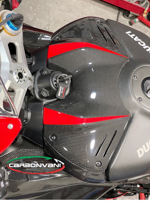 CARBONVANI Ducati Panigale V4 (2022+) Carbon Tank Battery Cover (DP version; black/red)