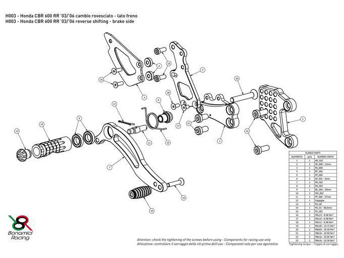 H003 - BONAMICI RACING Honda CBR600RR (03/06) Adjustable Rearset (racing)