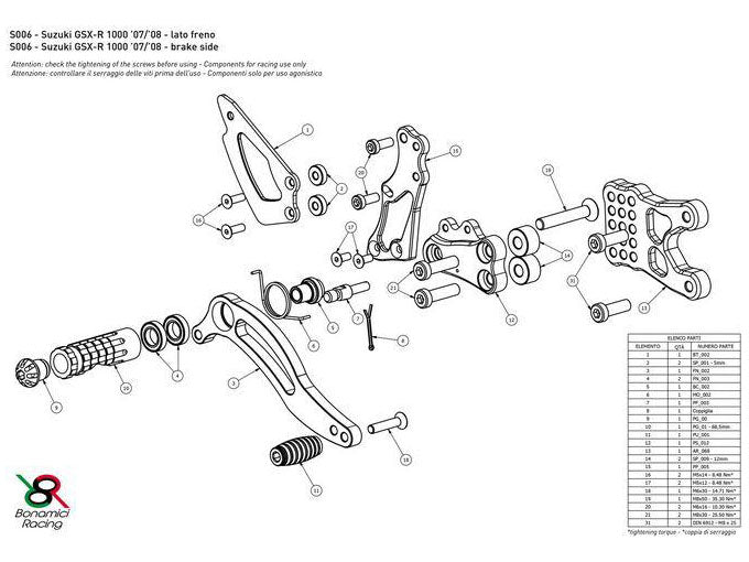 S006 - BONAMICI RACING Suzuki GSX-R1000 (07/08) Adjustable Rearset