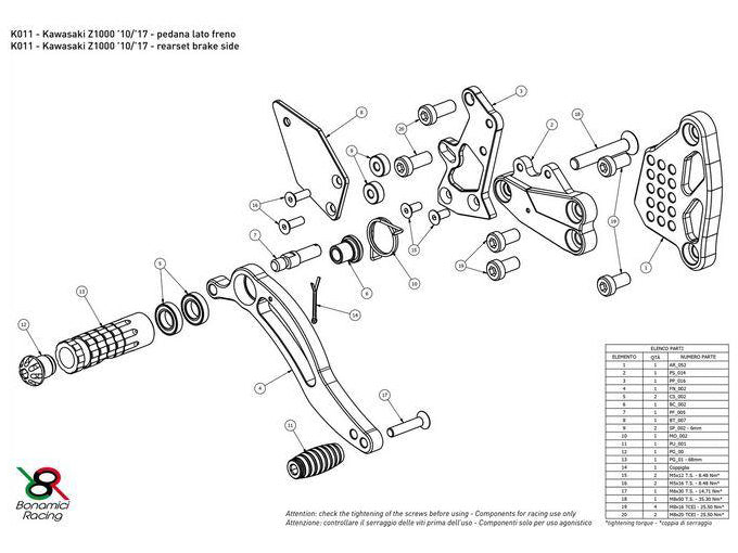 K011 - BONAMICI RACING Kawasaki Z1000 (10/20) Adjustable Rearset