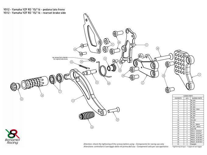 Y012 - BONAMICI RACING Yamaha YZF-R3 / YZF-R25 Adjustable Rearset