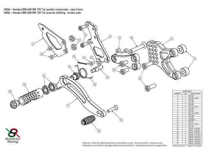 H006 - BONAMICI RACING Honda CBR600RR (07/20) Adjustable Rearset (racing)