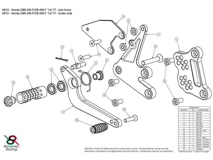 H012 - BONAMICI RACING Honda CBR650R / CB650 (2014+) Adjustable Rearset