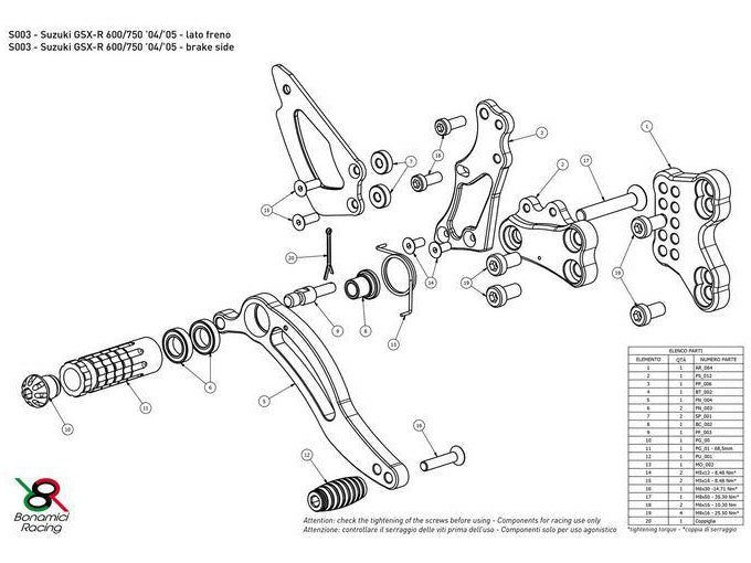 S003 - BONAMICI RACING Suzuki GSX-R600 / GSX-R750 (04/05) Adjustable Rearset