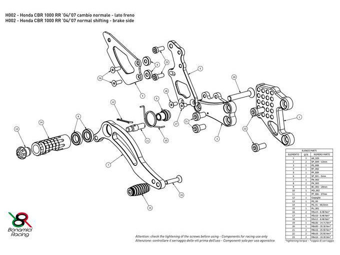 H002 - BONAMICI RACING Honda CBR1000RR (04/07) Adjustable Rearset (street)