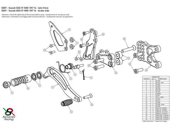 S007 - BONAMICI RACING Suzuki GSX-R1000 (09/16) Adjustable Rearset