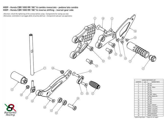 H009 - BONAMICI RACING Honda CBR1000RR (08/16) Adjustable Rearset (racing) – Accessories in the 2WheelsHero Motorcycle Aftermarket Accessories and Parts Online Shop