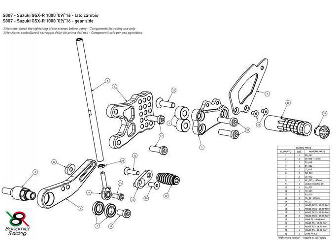 S007 - BONAMICI RACING Suzuki GSX-R1000 (09/16) Adjustable Rearset