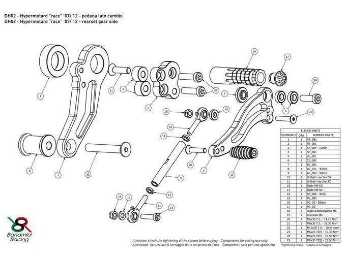DH02 - BONAMICI RACING Ducati Hypermotard 1100 / 796 Adjustable Rearset (racing)