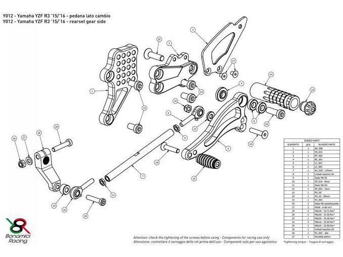 Y012 - BONAMICI RACING Yamaha YZF-R3 / YZF-R25 Adjustable Rearset