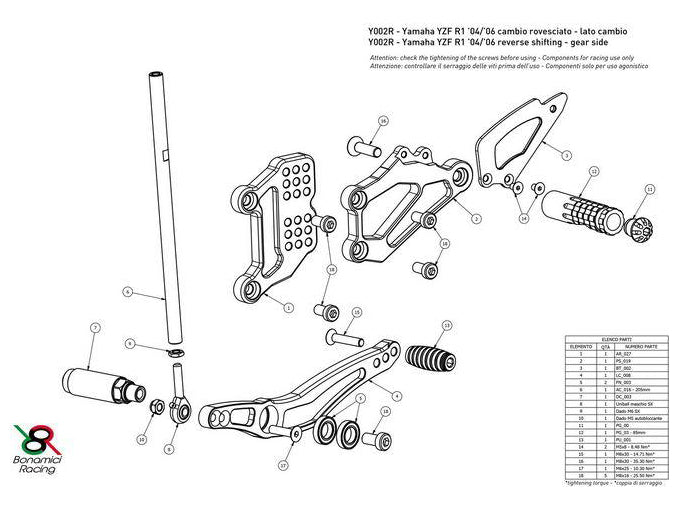 Y002R - BONAMICI RACING Yamaha YZF-R1 (04/06) Adjustable Rearset (reversed shift) – Accessories in the 2WheelsHero Motorcycle Aftermarket Accessories and Parts Online Shop