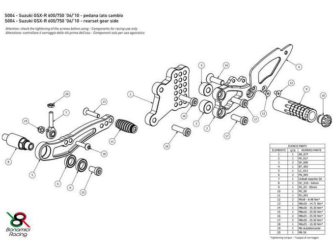 S004 - BONAMICI RACING Suzuki GSX-R600 / GSX-R750 (06/10) Adjustable Rearset