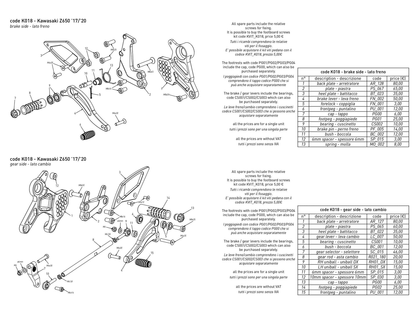 K018 - BONAMICI RACING Kawasaki Ninja 650 /  Z650 (17/19) Adjustable Rearset