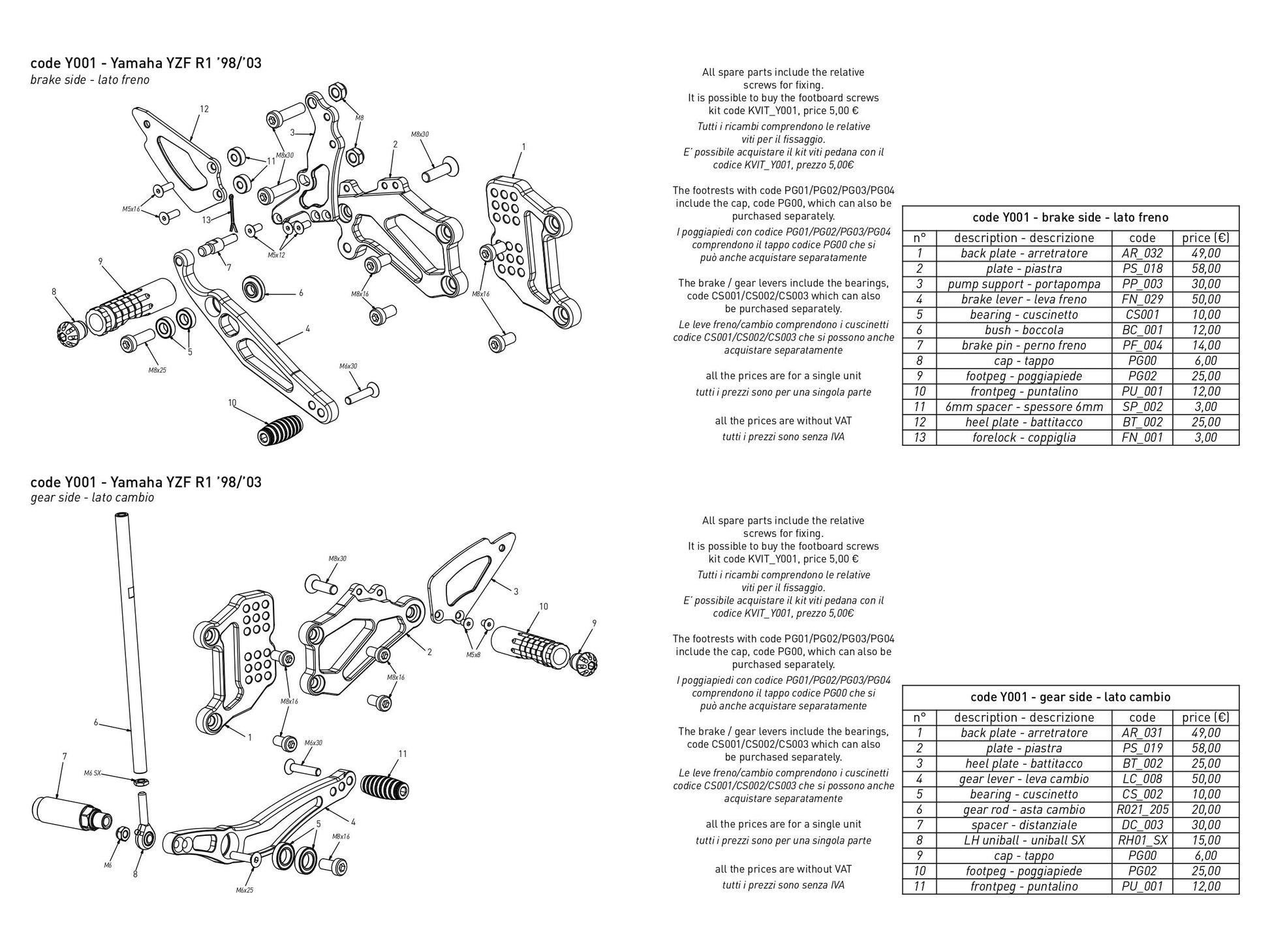 Y001 - BONAMICI RACING Yamaha YZF-R1 (02/03) Adjustable Rearset – Accessories in the 2WheelsHero Motorcycle Aftermarket Accessories and Parts Online Shop