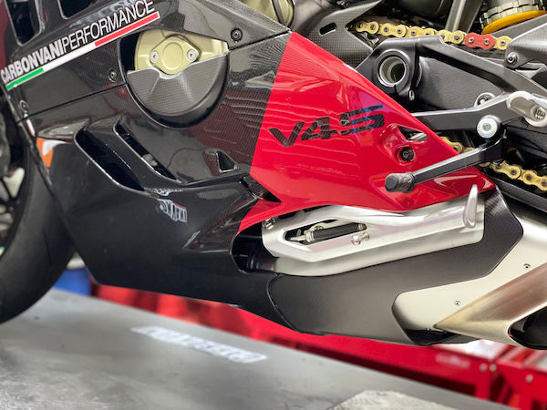 CARBONVANI Ducati Panigale V4 (2022+) Carbon Belly Pan (for Akrapovic exhaust; red)